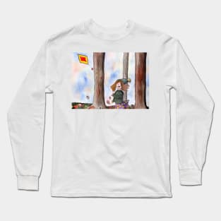 Girl with Kite whimsical watercolor and ink art Long Sleeve T-Shirt